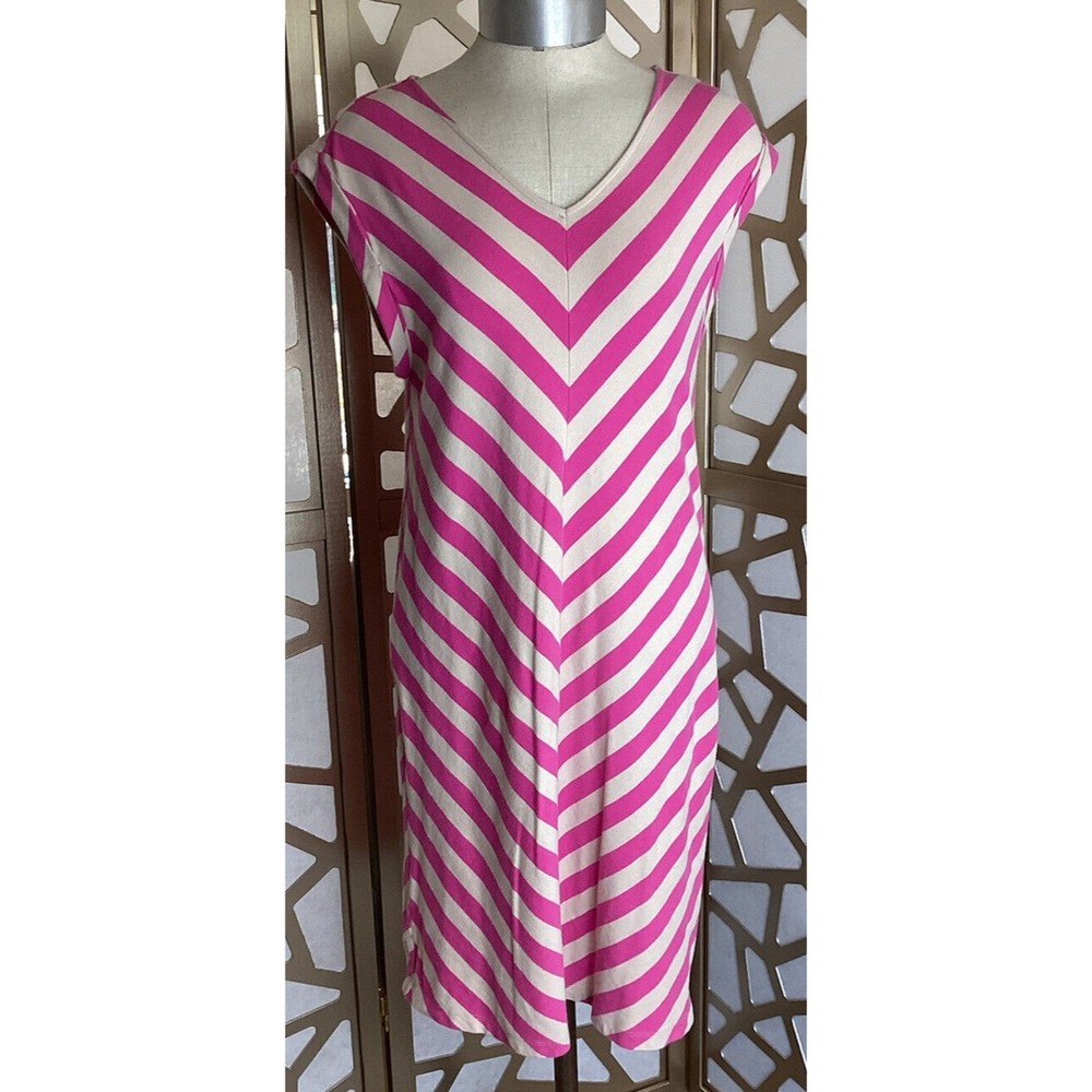 Ann Taylor LOFT Dress S Pink Beige Chevron Stripe Shift Cuff Sl Stretch Tee
